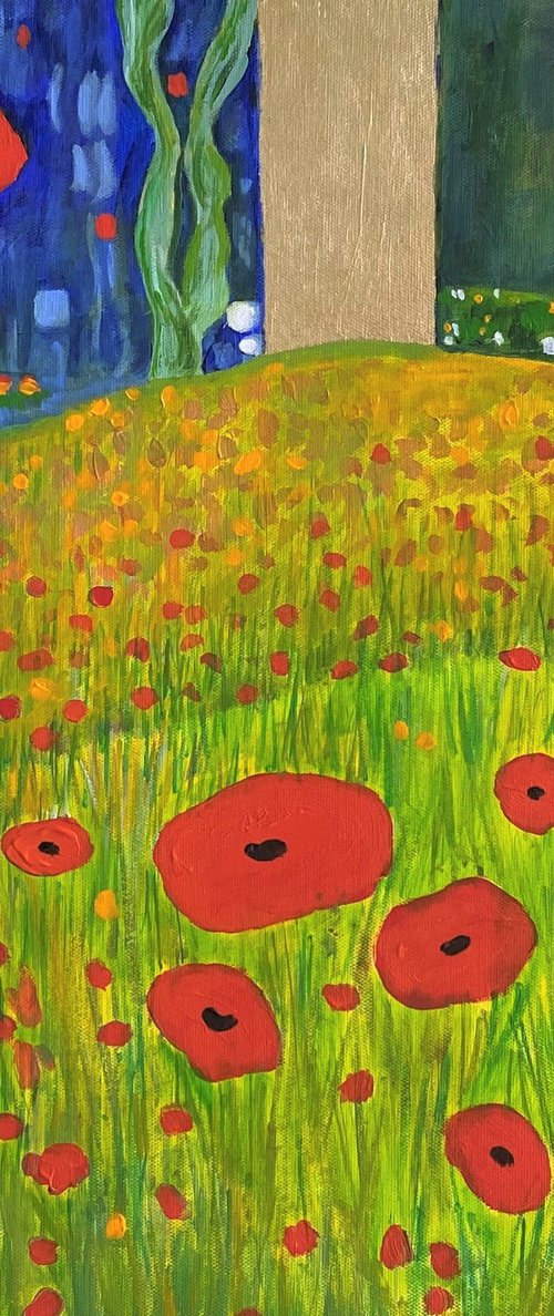 Contemporary Abstract Poppies & Gold Leaf Landscape. by Jackie Smith