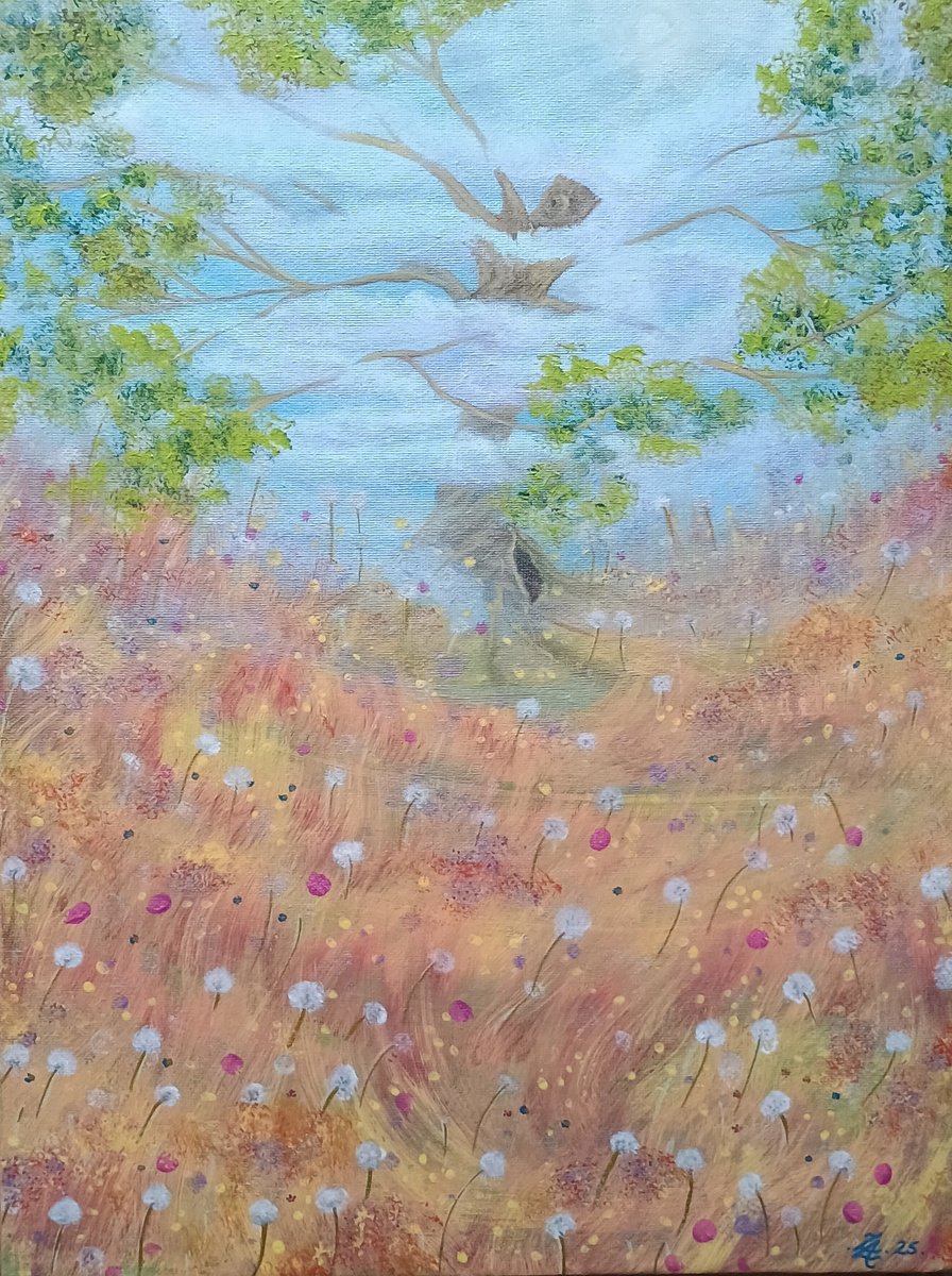 Surrealistic Landscape Acrylic Painting By Zoe Adams, 12 X 16", Wishing Tree., Original Artwork