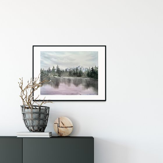 Original watercolour landscape, Canmore view, Canada, mountains, north nature