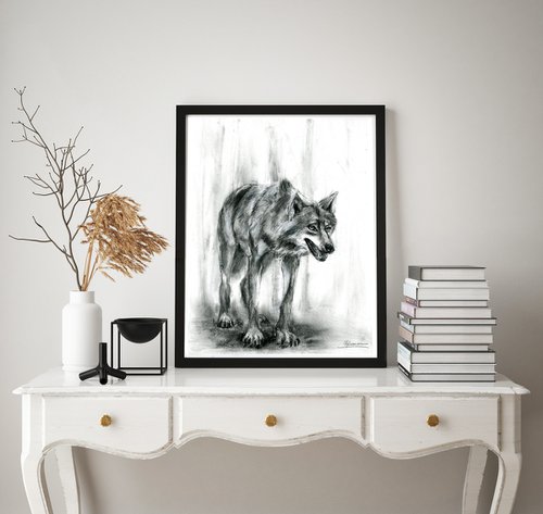 Gray Wolf - Charcoal drawing by Olga Shefranov (Tchefranov)
