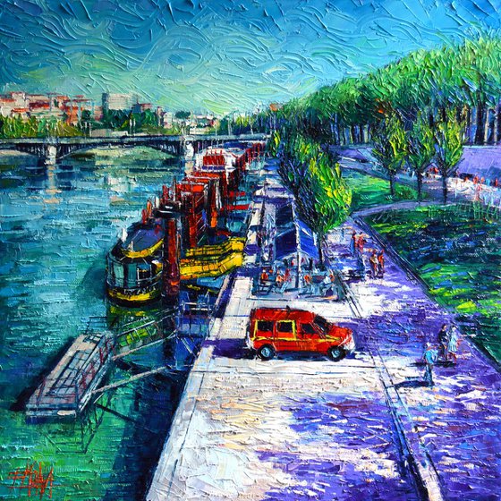 THE LIVELY BANKS OF LYON Modern Impressionist Palette Knife Oil Painting