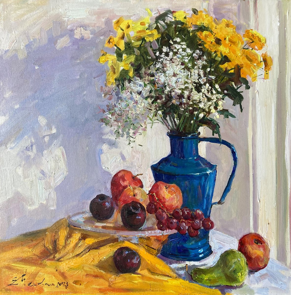 Still life with wildflowers and fruits by Evgeniia Mekhova