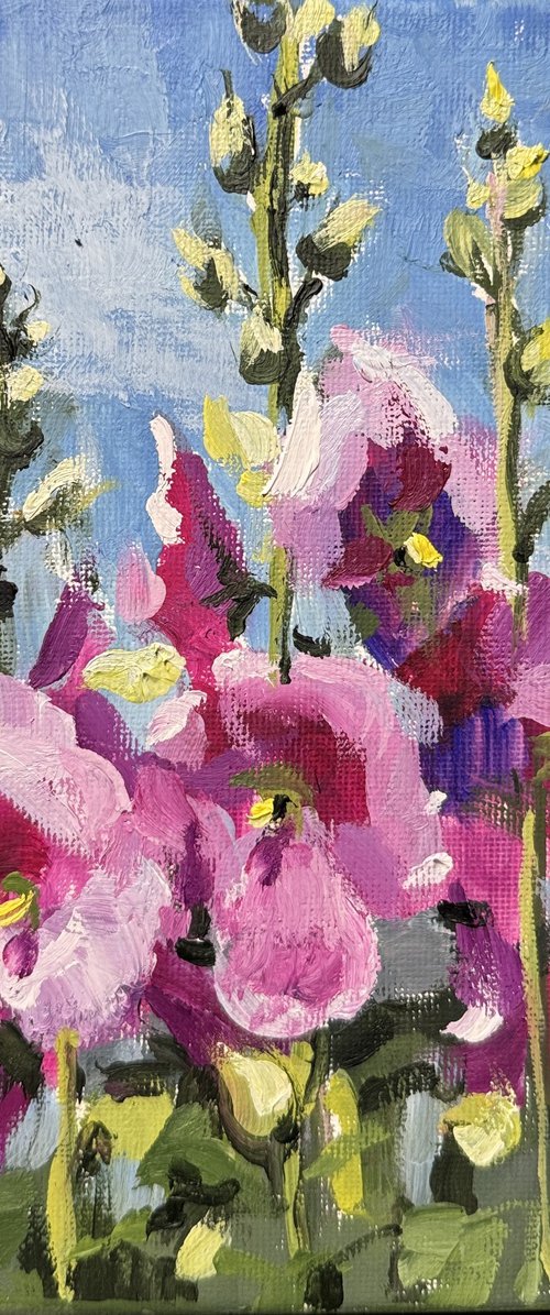 Summer Garden Spire: Pink Hollyhocks by Olena Hromova
