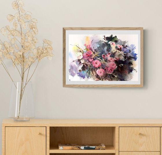 Roses and Other Flowers Watercolor Painting, Pink Floral Bouquet Watercolour Artwork