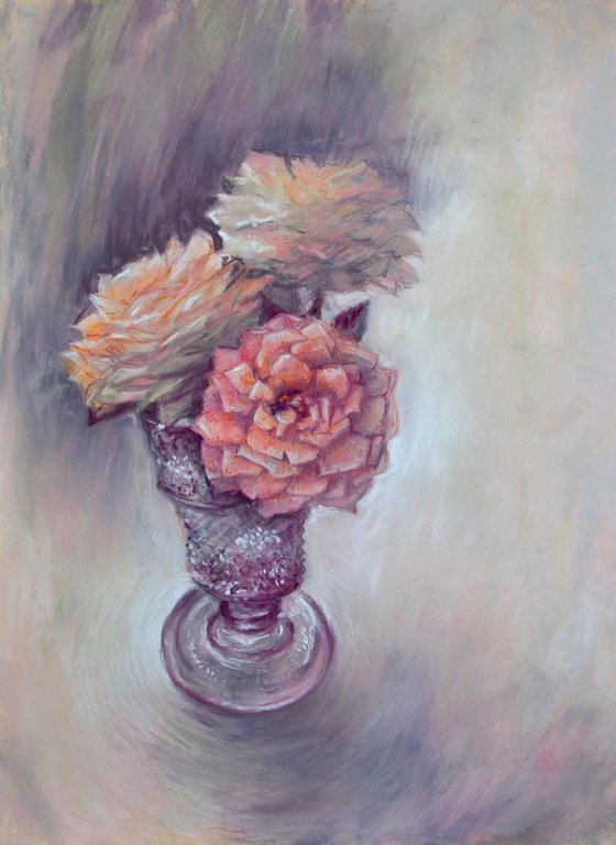 Garden roses in glass - pastel drawing