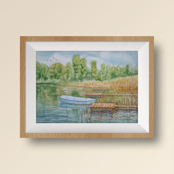 Forgotten boat - watercolor landscape