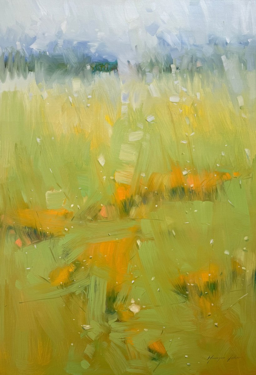 Impressionistic Landscape Oil Painting By Vahe Yeremyan, 30 X 45", Yellow Valley, Original Artwork