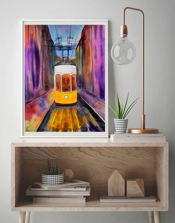 Lisbon tram painting, Lisboa watercolor art original, Portugal wall art