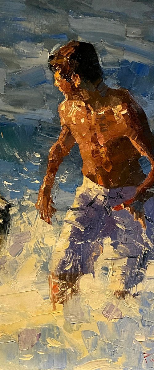 Beach Boy and Dog In Sunset by Paul Cheng