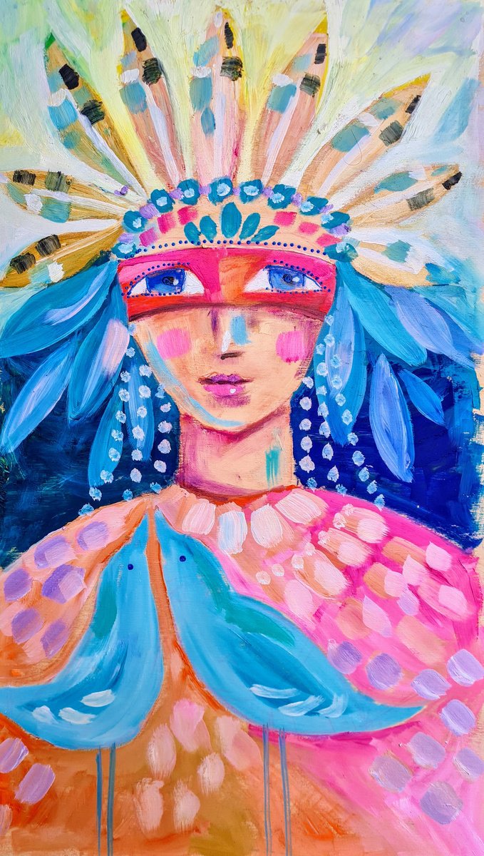 Organic Portrait Oil Painting By Simon Tunde, 12 X 20", Indian Princess, Original Artwork