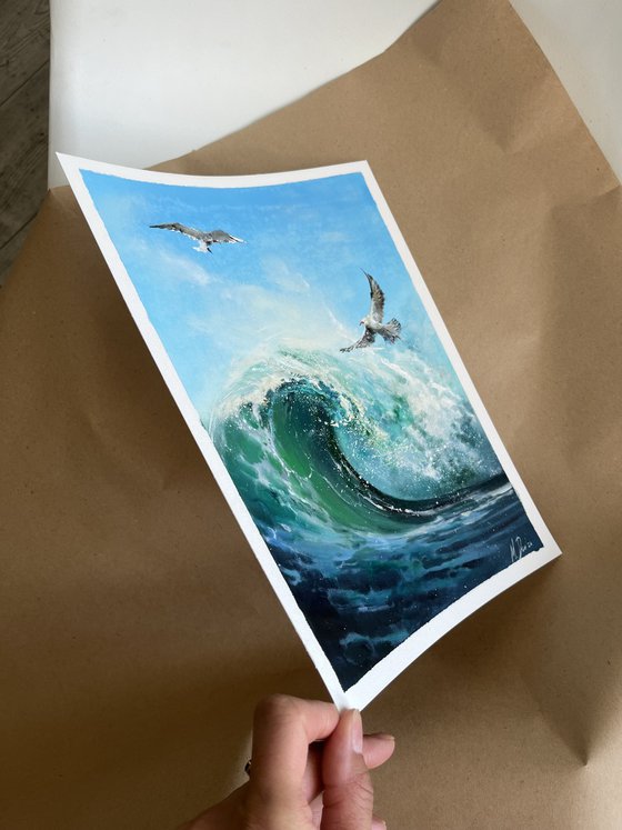 Ocean Wave With Seagulls