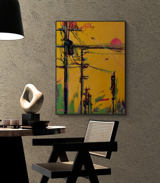Pink wires"- Street art - Diptych - Electric pole - Urban - Sunset