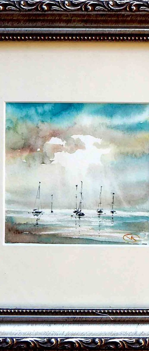 Boats - Miniature Watercolour painting by Violetta Kurbanova