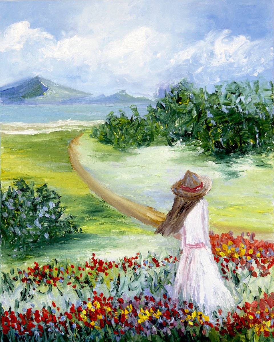 Girl in a field with mountains and red flowers oil painting on canvas by Olya Shevel