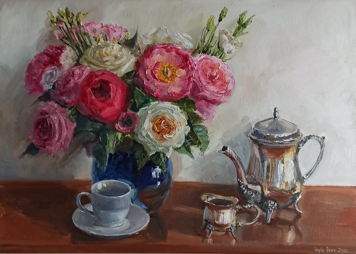 Impressionistic Still Life Oil Painting By Leyla Demir, 28 X 20", Roses Pink Flower Bouquet In Porcelain Cobalt Vase With Antique Metal Teapot, Artfinder