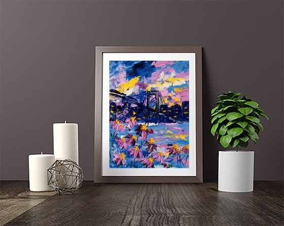 NYC Painting Cityscape Original Art New York Artwork Bridge Small Oil Impasto Home Wall Art 6 by 8" by Halyna Kirichenko