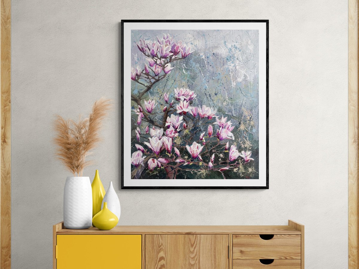 Impressionistic Botanical Oil Painting By Evgeny Chernyakovsky, 33 X 39, Magnolia , Original Artwork