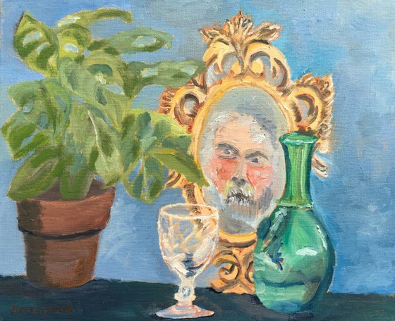 Still life oil painting of an antique mirror and other items