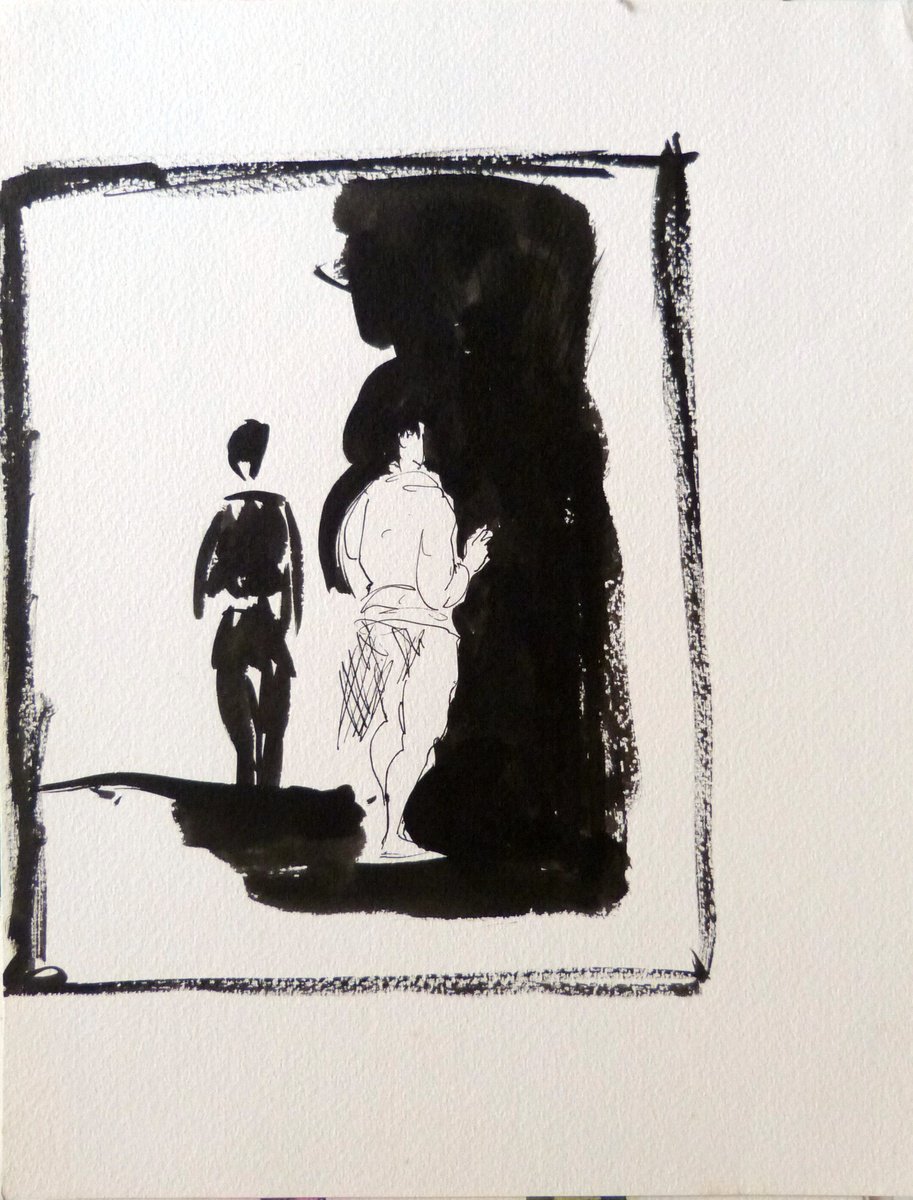 Expressive Portrait Ink Drawing By Frederic Belaubre, 9 X 12, Black And White Couple, Original Artwork