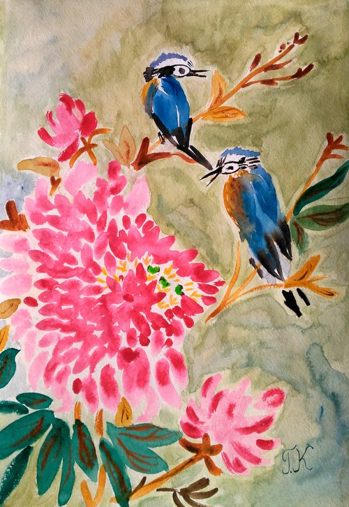 Birds Painting Floral Original Art Blossom Watercolor Flowers Artwork Small Wall Art 12 by 17" by Halyna Kirichenko by Halyna Kirichenko
