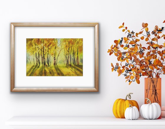 Autumn trees at sunset. Watercolour landscape by Marina Trushnikova