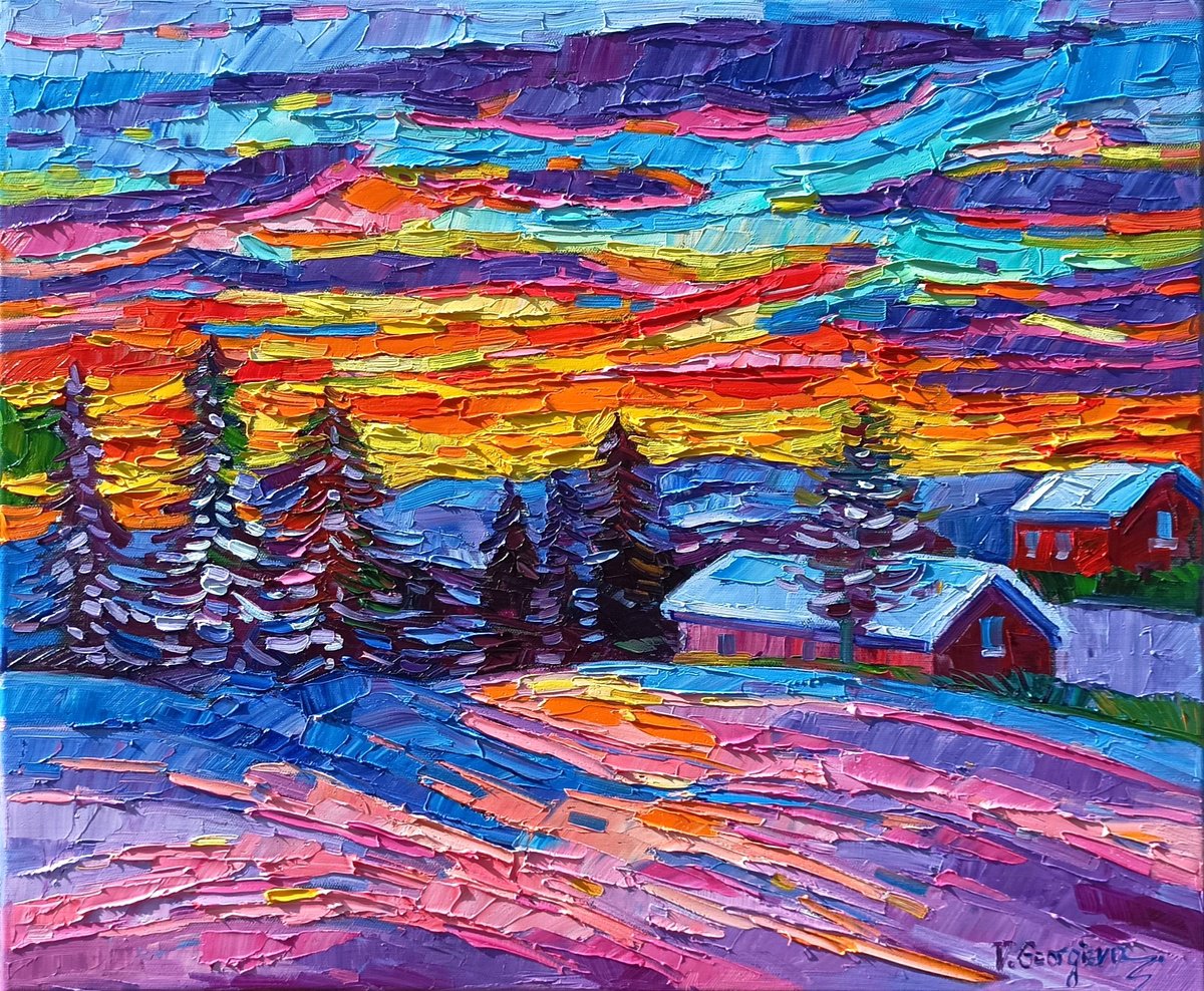 Impressionistic Landscape Oil Painting By Vanya Georgieva, 24 X 20", Hot Winter Sunset, Original Artwork