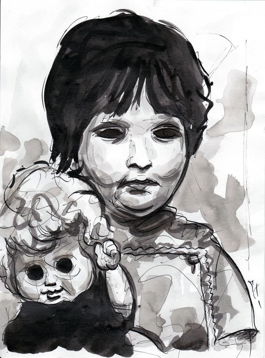 Ink drawing Girl & Doll by Lionel Le Jeune