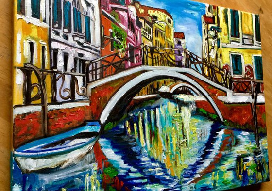 VENICE. Canal bridge. Oil original palette knife painting