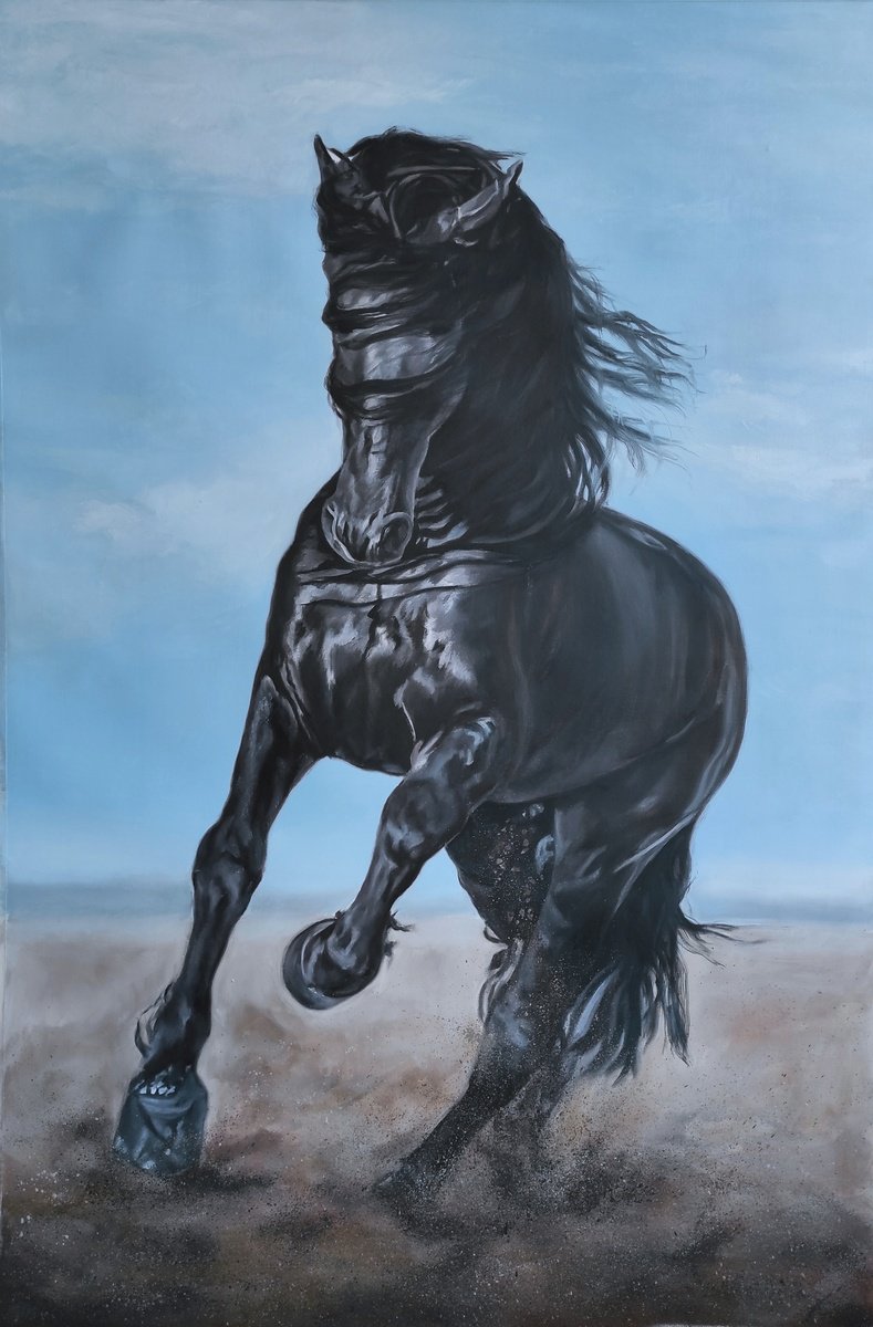 Photorealistic Oil Painting , Black Stallion In Motion By Simona Tsvetkova, 24 X 35, Artwork For Sale On Artfinder