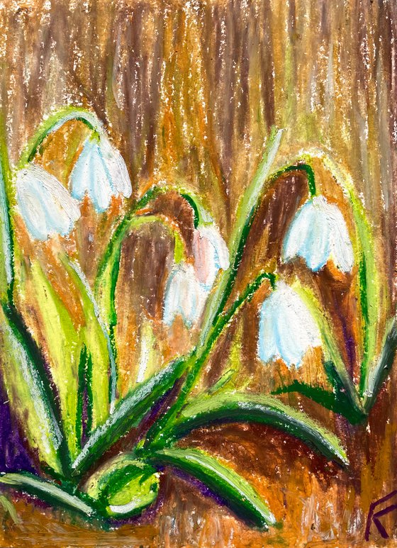 Snowdrops Original Oil Pastel Painting, Flower Hand Painted Card, Gifts for Her