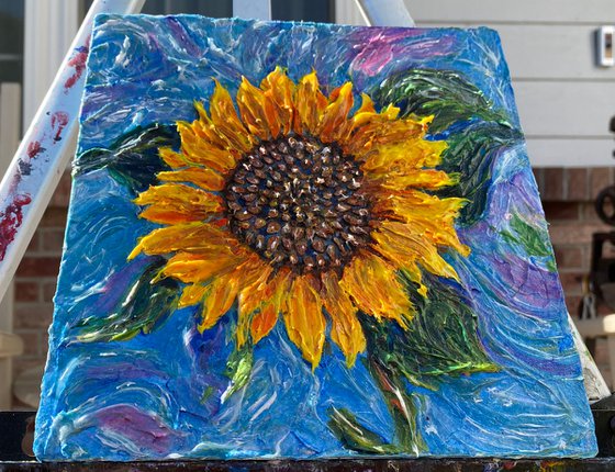Abstract Sunflower with Blue Sky  Impasto Palette Knife Painting