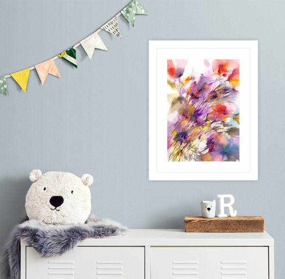 Abstract bouquet, watercolor loose flowers painting "Dance of color"