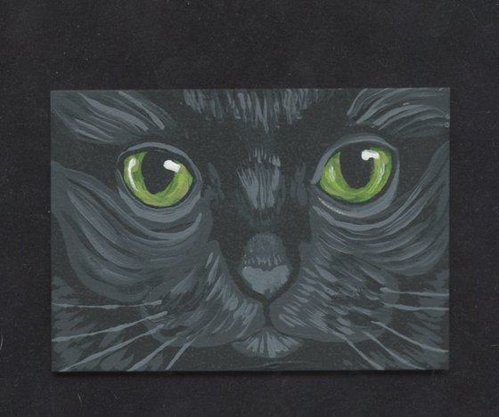 ACEO ATC Original Miniature Painting Black Cat Pet  Art-Carla Smale