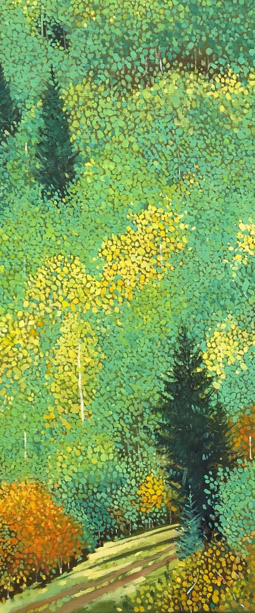 Green forest with yellow aspens by Volodymyr Smoliak