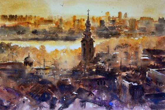 Jutro sa Sabornom crkvom Beograd 53x35cm 2020