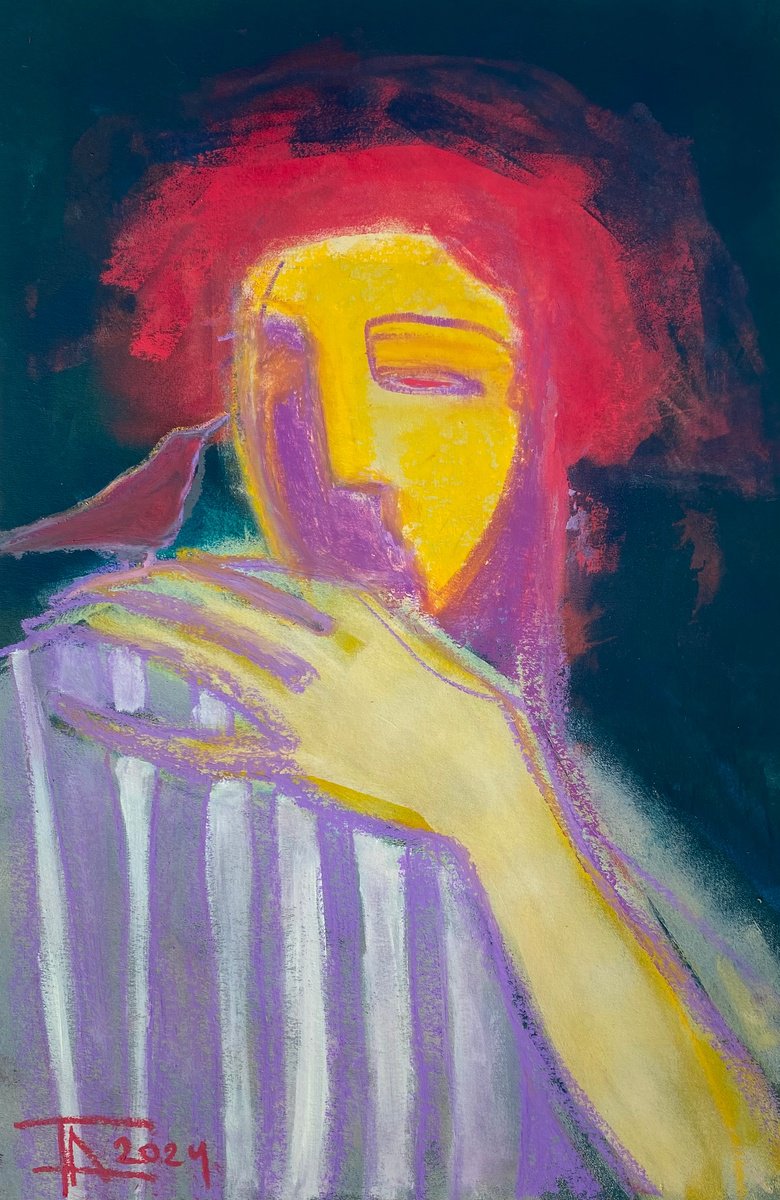 Expressive Portrait Pastel Drawing By Tatjana Auschew, 13 X 20", News From Afar., Original Artwork