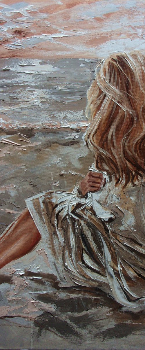 " SILENCE ... "- SKY SEA SAND liGHt  ORIGINAL OIL PAINTING, GIFT, PALETTE KNIFE by Monika Luniak