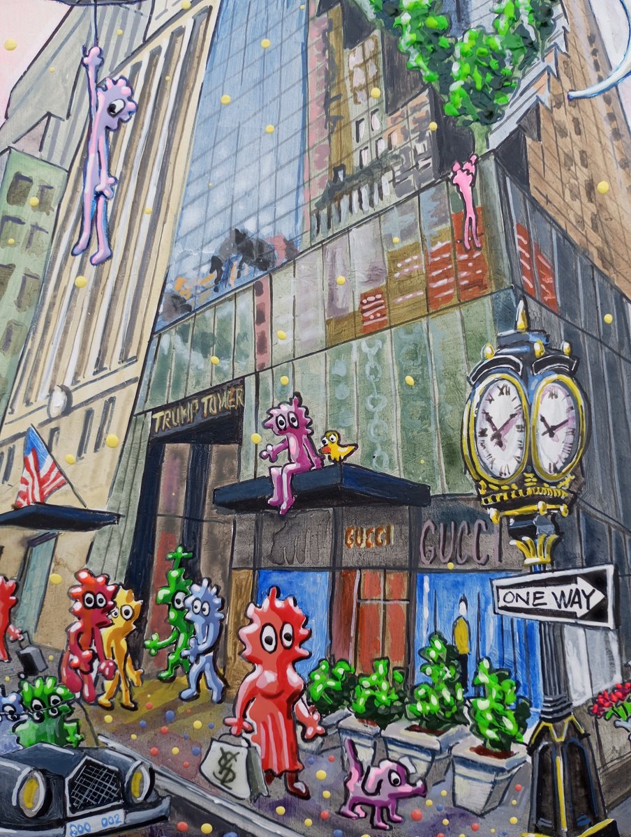 Cartoon Cityscapes Acrylic Painting By Peter Nagy, 8 X 13", Trump Tower, Original Artwork