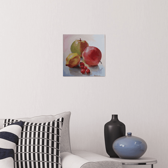 Apples Lemon And Dog Rose Fruit ( Original oil painting ready to hung canvas gallery wrapped. Gift idea, home decoration idea. Red fruits rose hips and citrus on the light background)