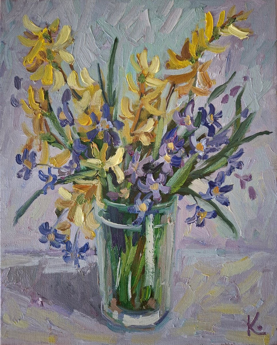 Impressionistic Botanical Oil Painting By Olena Kolotova, 9 X 12", Bouquet Forest Primroses, Original Artwork