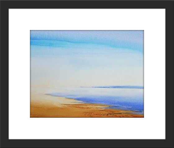 CALM BEACH BLUE SEA SKY. Impressionistic Original Seascape Watercolour Painting.