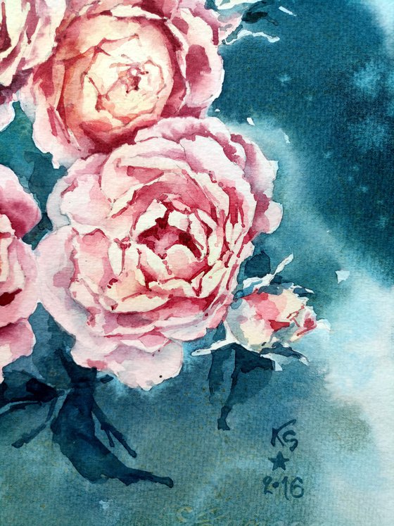 Abstract watercolor painting "Pink roses" square format