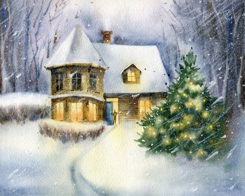 Waiting for guests. Cozy cottage with a decorated Christmas tree in the yard. Watercolor artwork. by Evgeniya Mokeeva