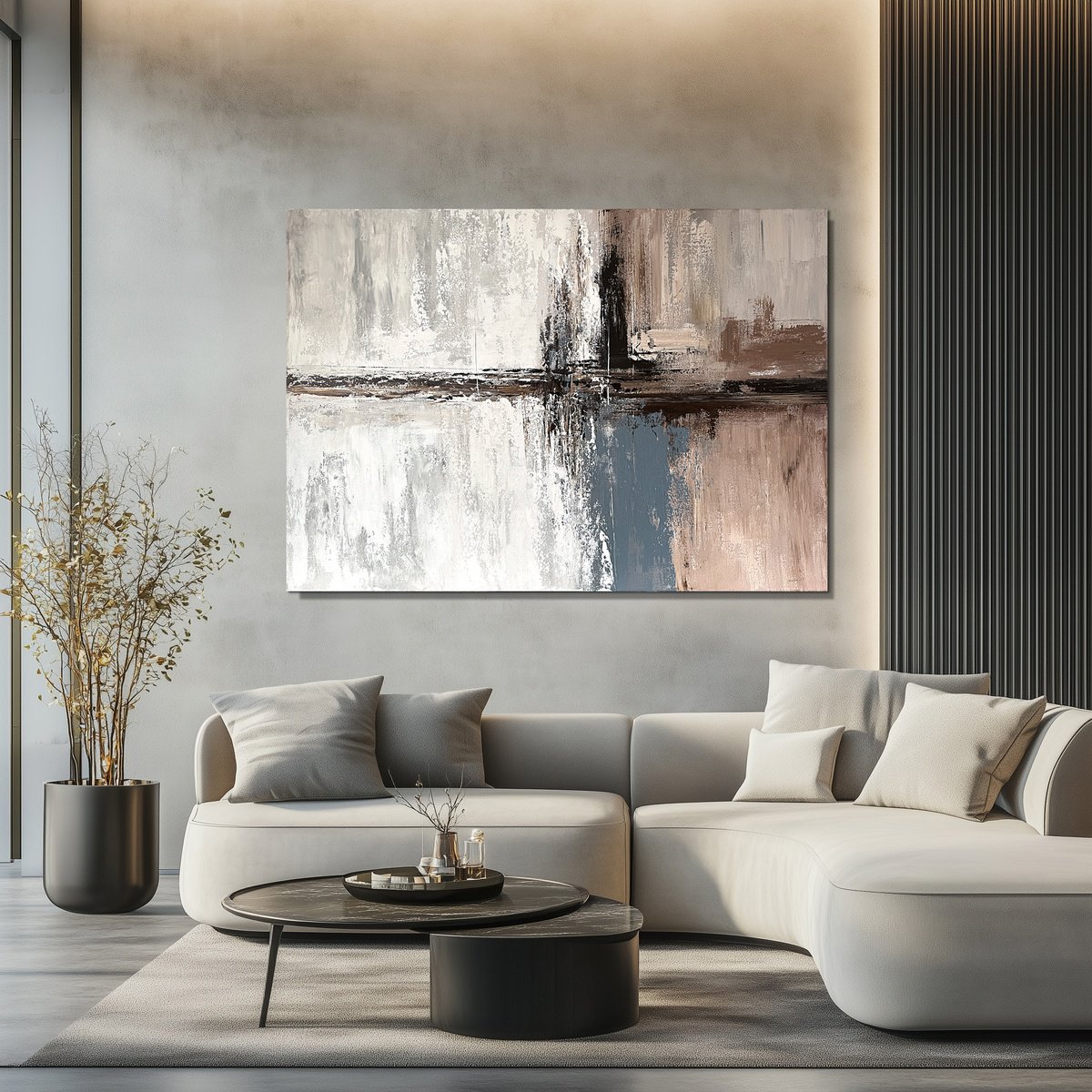 Geometric Abstract Acrylic Painting By Tatiana Malinovscaia, 55 X 39", Stillness Through Earthy Tones, Original Artwork
