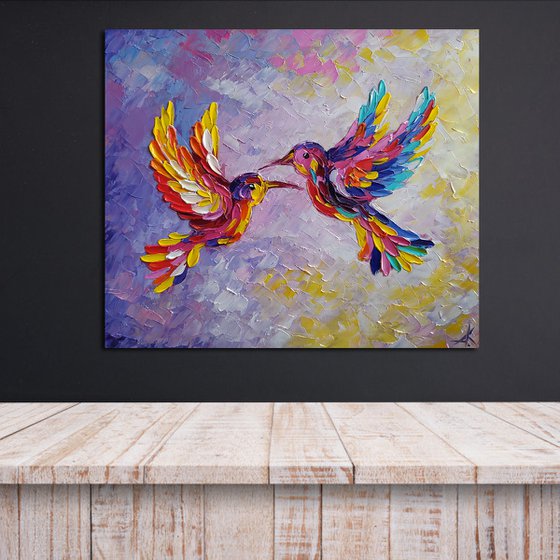 In pink dreams - birds, hummingbirds oil painting, love oil painting, birds oil painting, hummingbirds, love, animals oil painting, art bird, impressionism, palette knife, gift idea.