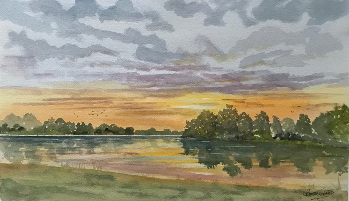 Impressionistic Watercolour , Evening Bewl Water In Kent By Brian Tucker, 18 X 10, Artwork For Sale On Artfinder