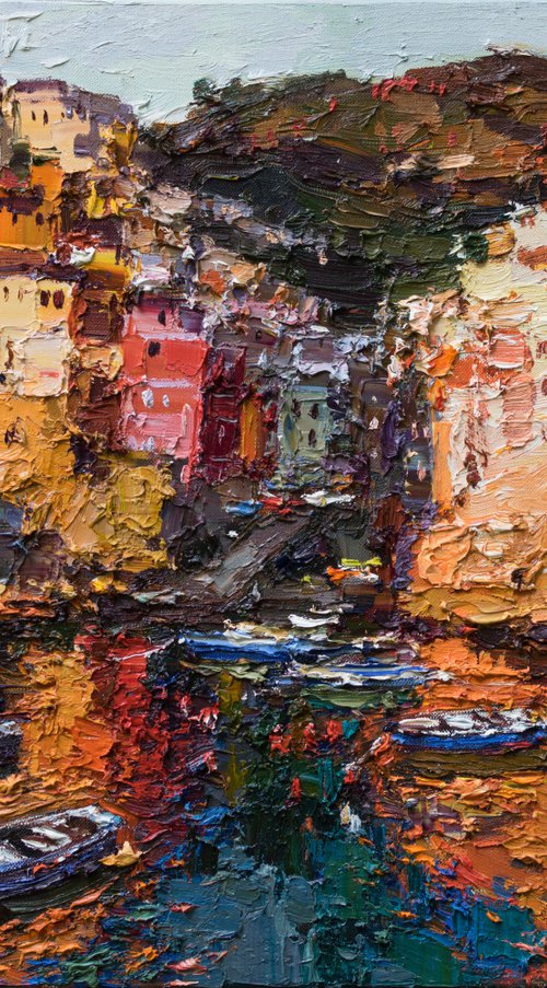 Riomaggiore, Cinque terre - Italian Landscape painting by Anastasiia Valiulina