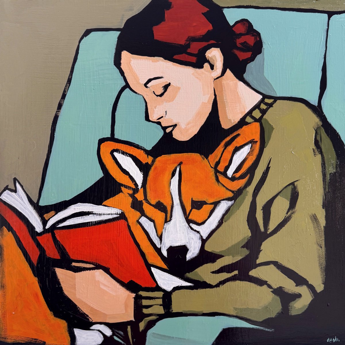 Naive Acrylic Painting , Woman And Corgi - ? 16X16 In Painting By Daria Baklykova, 16 X 16, Artwork For Sale On Artfinder