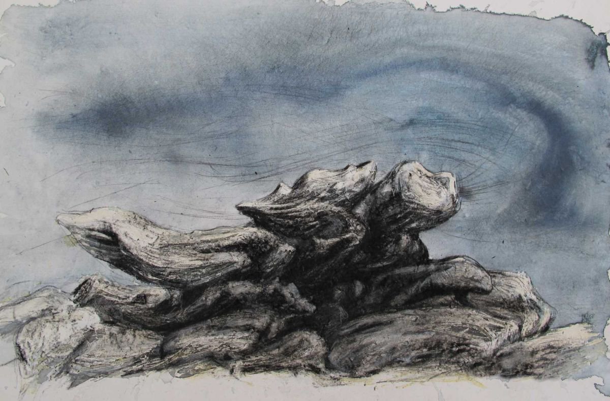 Illustrative Landscape Charcoal Drawing By John Sharp, 22 X 15, Rocks On Kinder Scout 2, Original Artwork