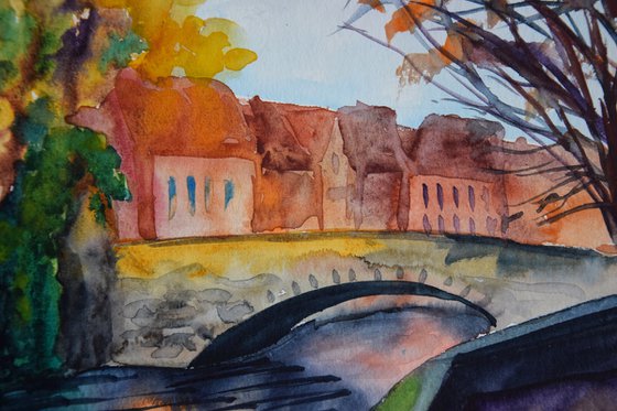 Bruges watercolour painting, Brugge cityscape wall art, Belgium